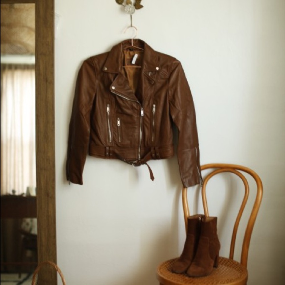 ALDO 100% genuine leather moto jacket in tan brown like new WOT